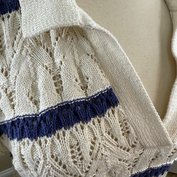 Long Sleeve Ivory and Blue Stripe Collared Sweater - Picture 2 of 3